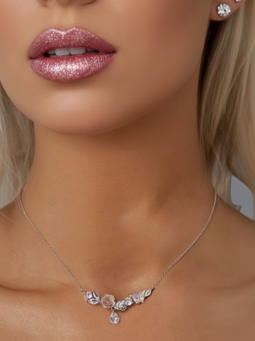 S925 Sterling Silver Sparkly Austrian Crystal Romantic Necklace. New.